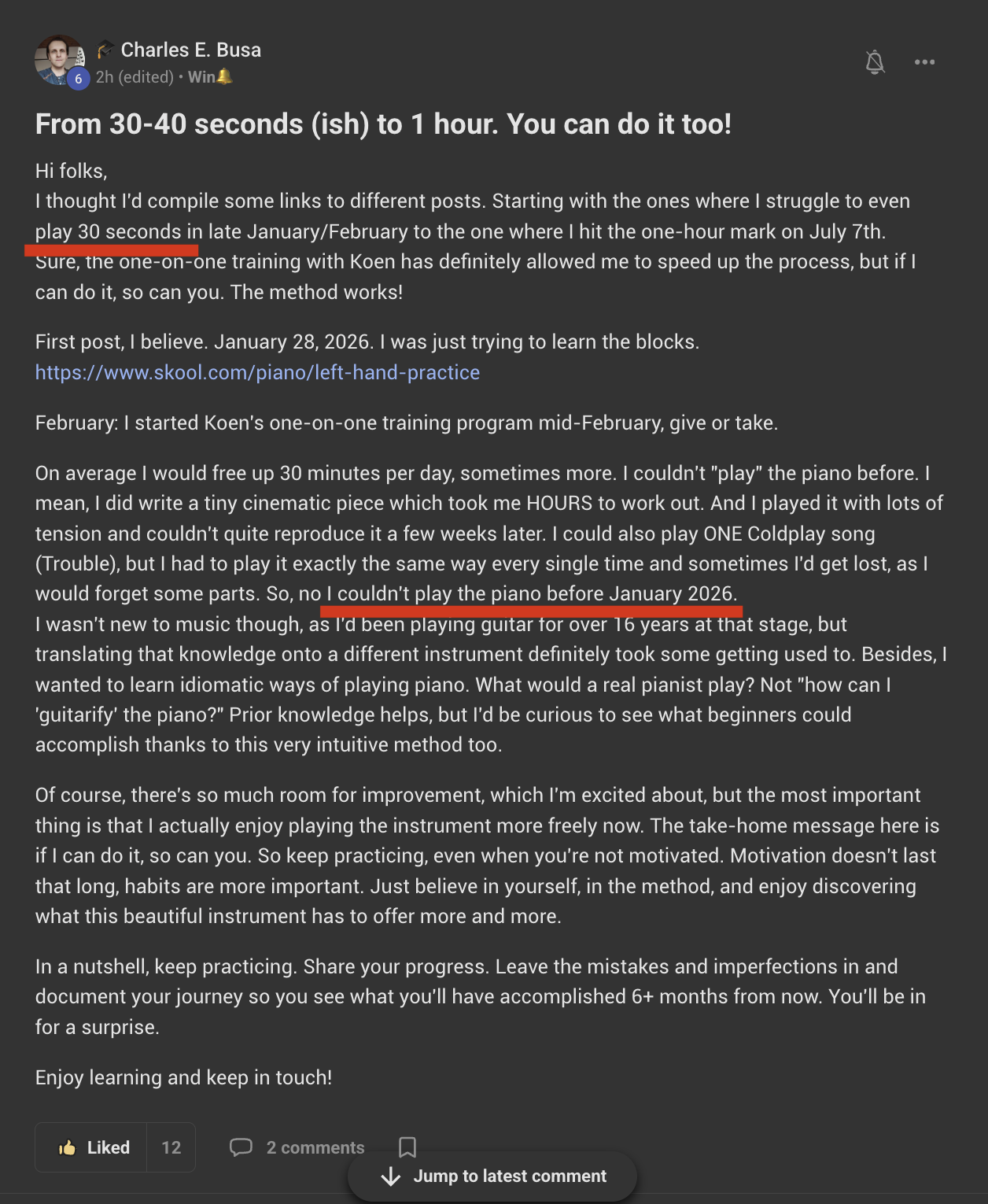 Skool community post from a student sharing their progress, from struggling to play 30 seconds to playing for a full hour.